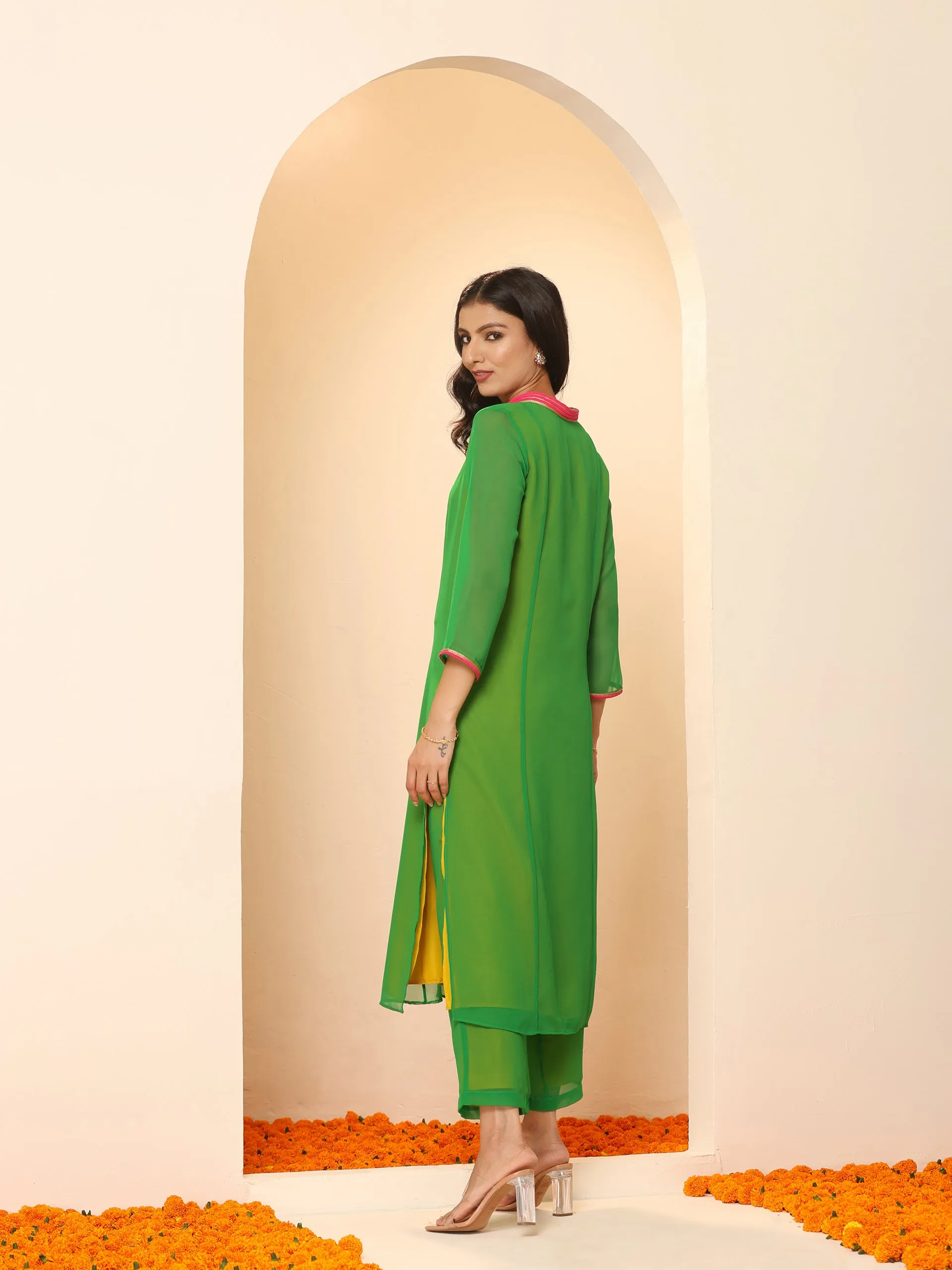 2pcs. Set | Green & Mustard Surprise Georgette Kurta with Pink Lace with Pants