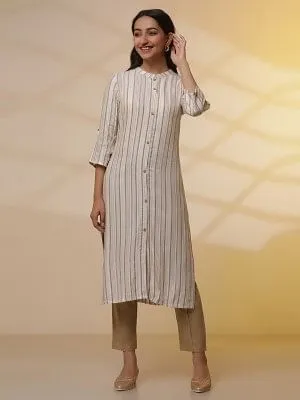 Beige Stripe Printed Straight Kurta and Pants Set