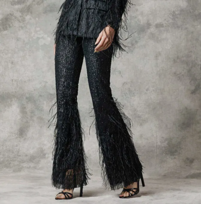 Black Sequin Feather Pants