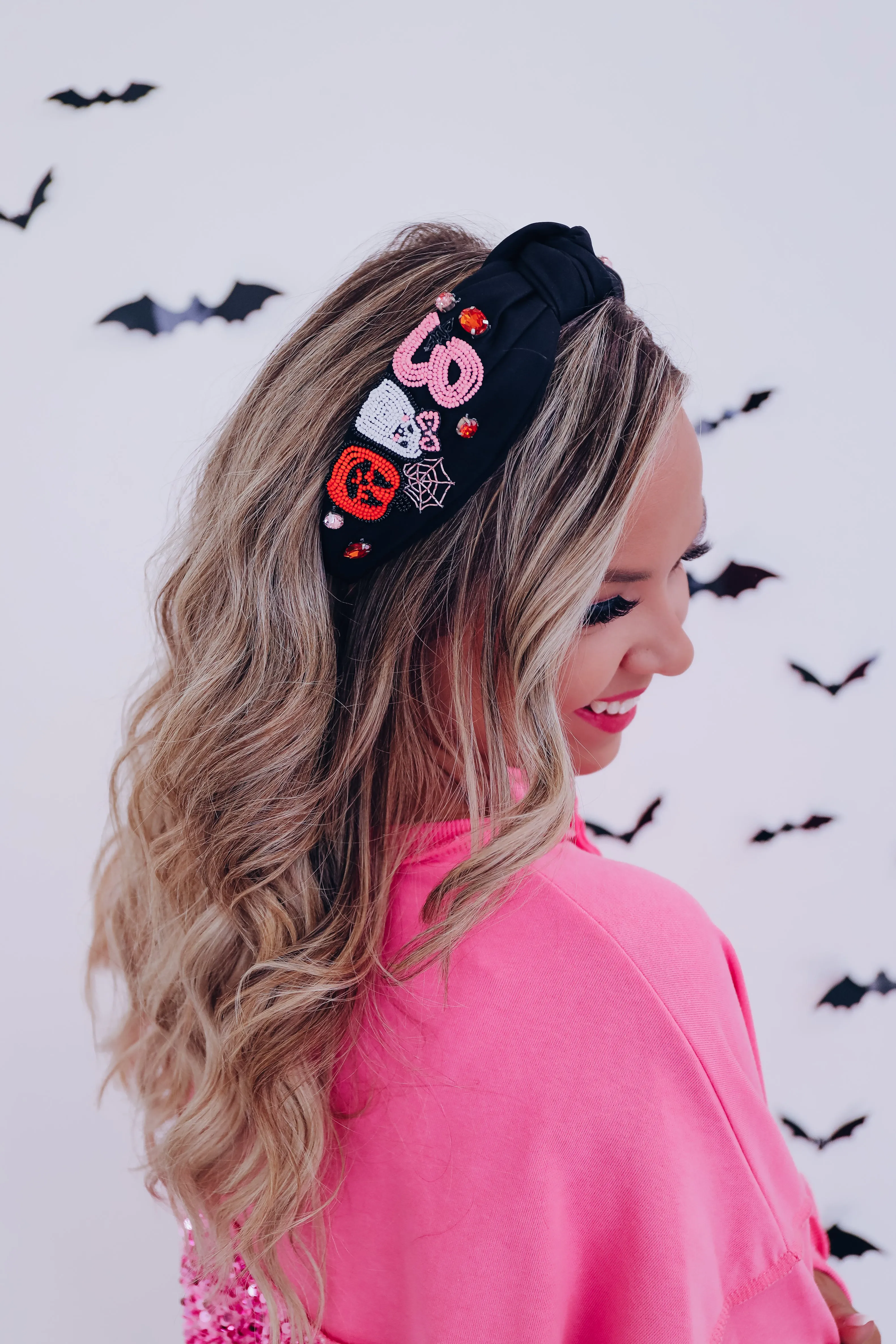 Boo Seed Bead Knotted Headband - Black