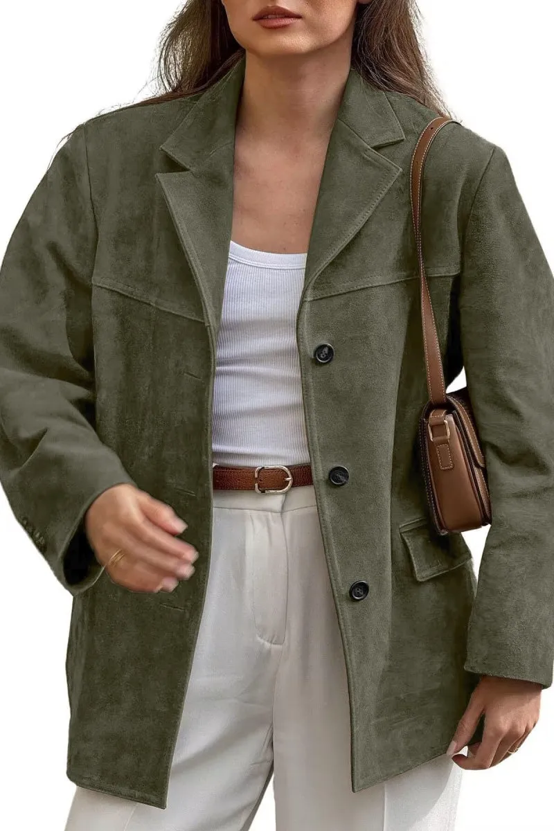 Chouyatou Women's Faux Suede Blazer Jacket Notched Lapel Single Breasted Faux Suede Leather Suit Jacket