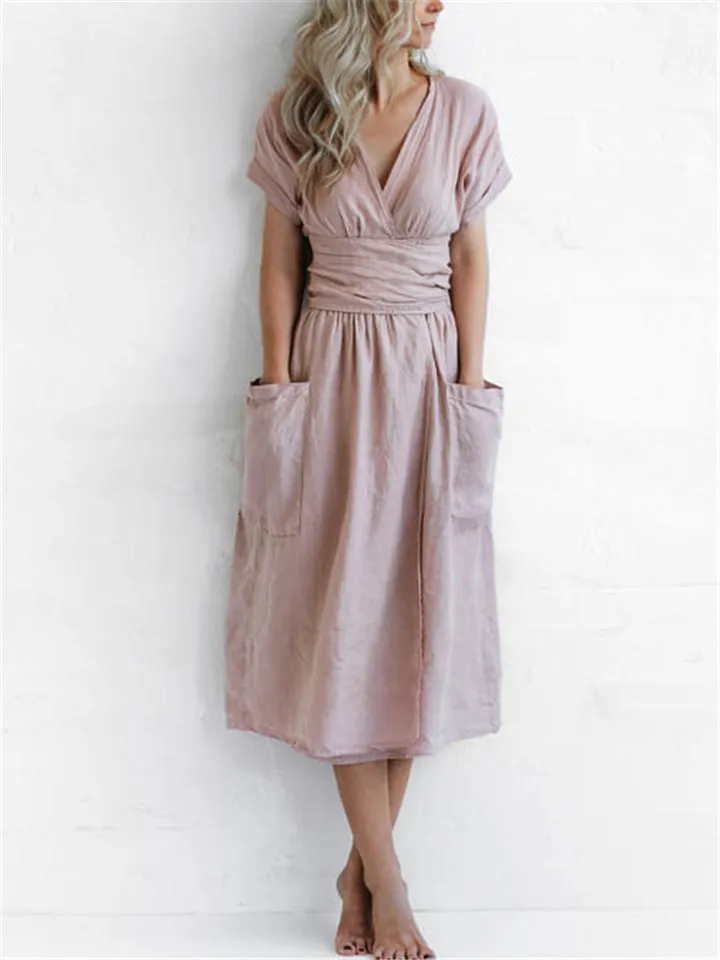 Cotton Linen Waist-Tie Pocket Dress