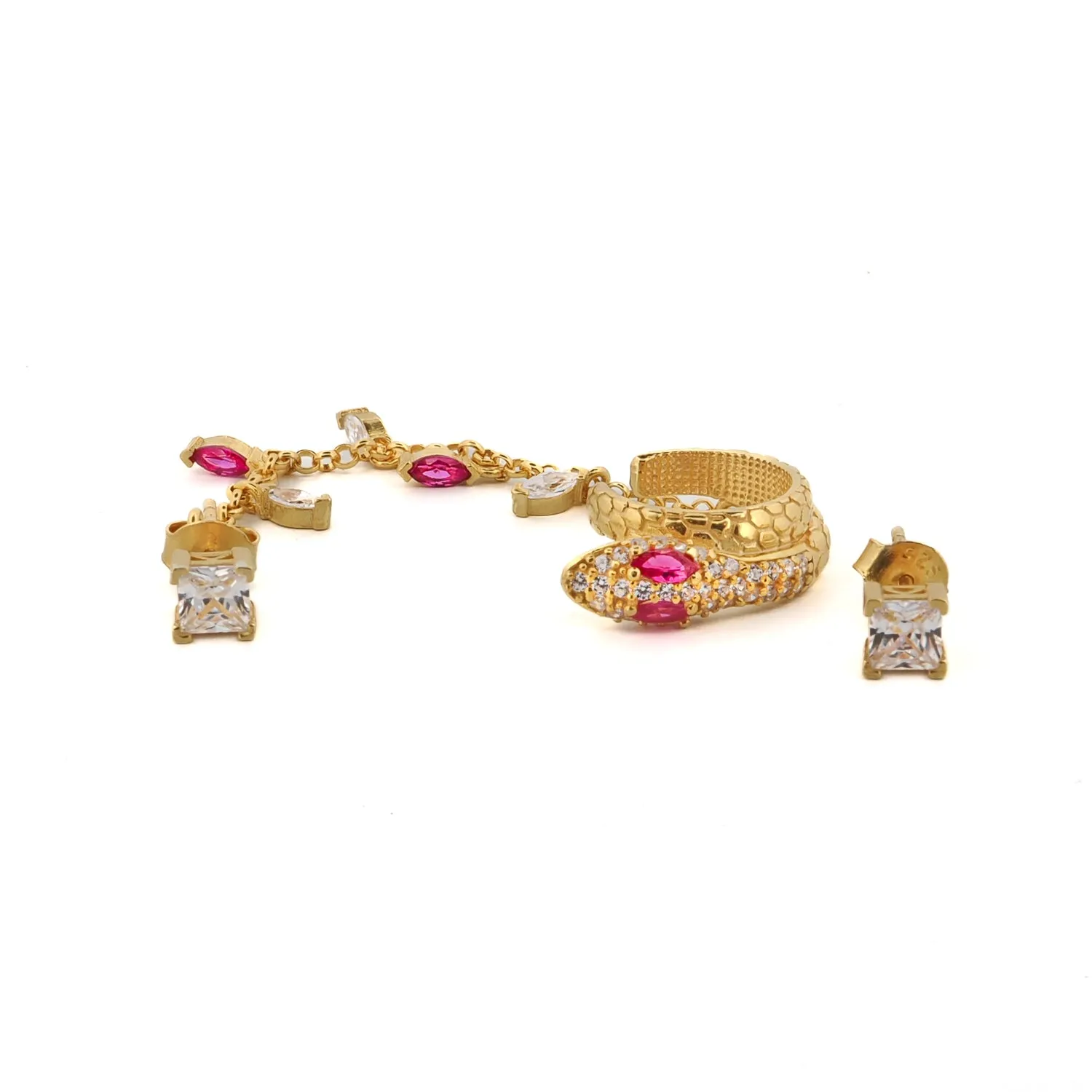 Diamond & Ruby Cuff Snake & Stud Unique Fashion Gold Earrings
