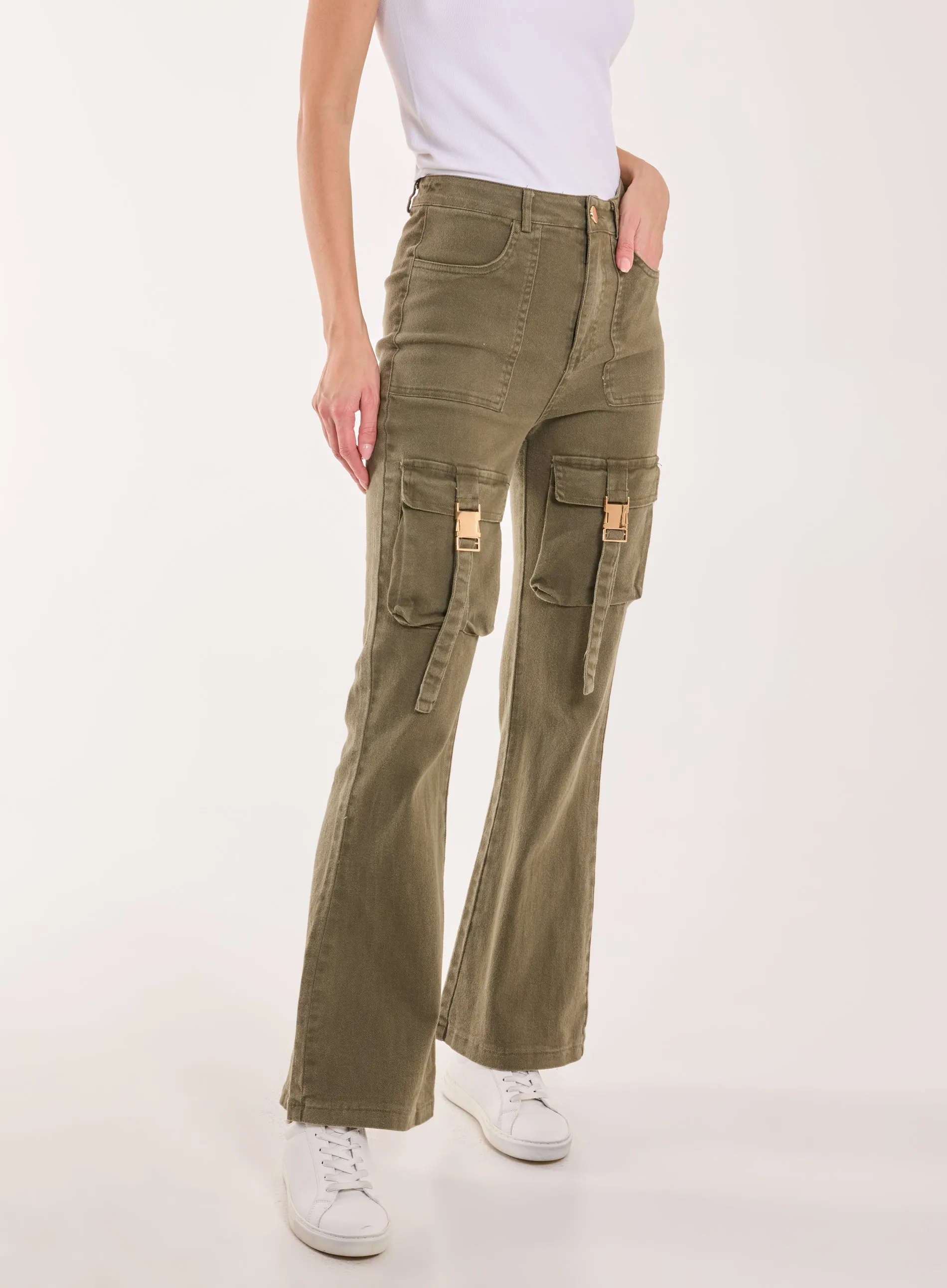 High Waist Utility Pocket Flare Jeans