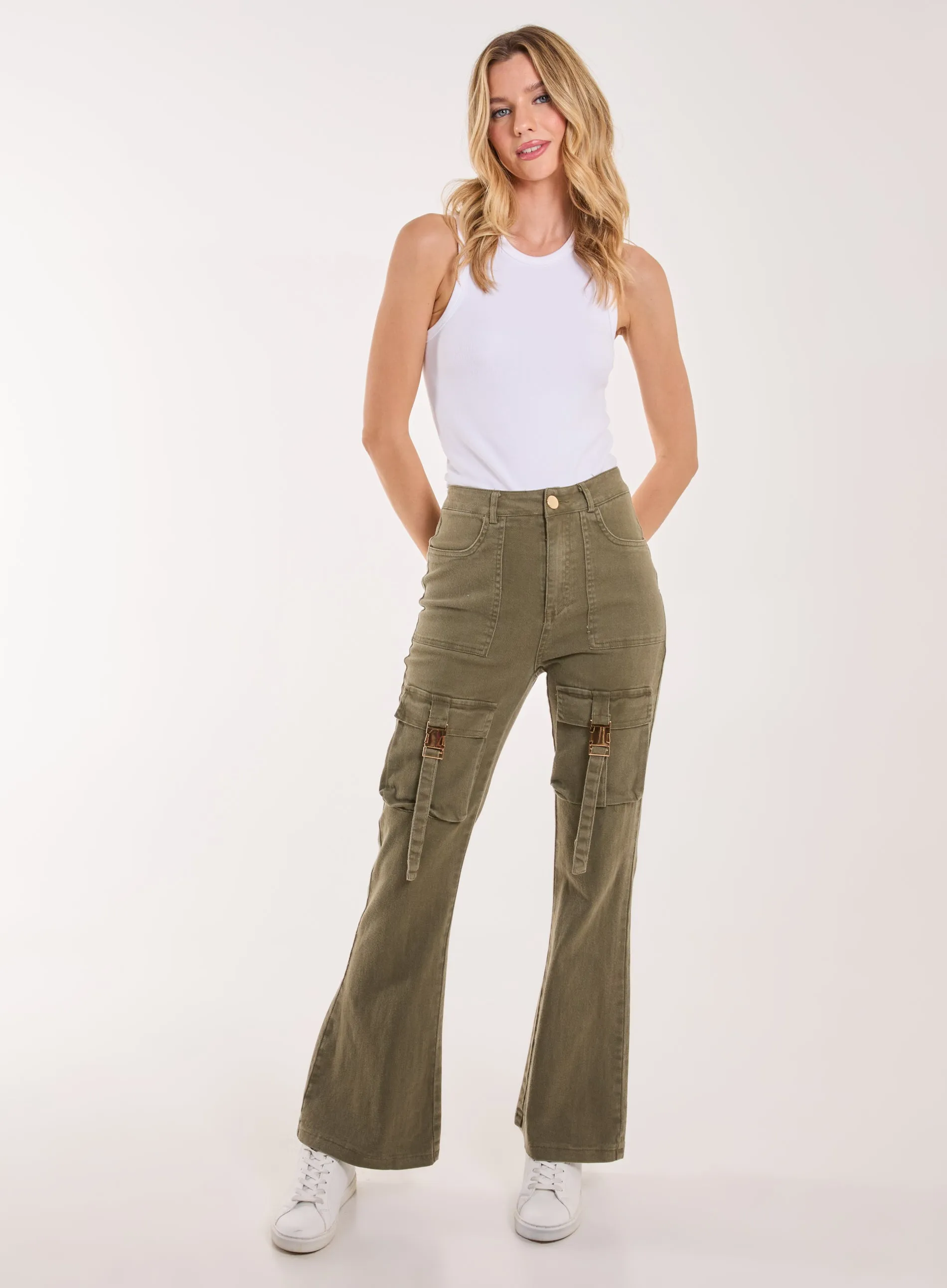 High Waist Utility Pocket Flare Jeans