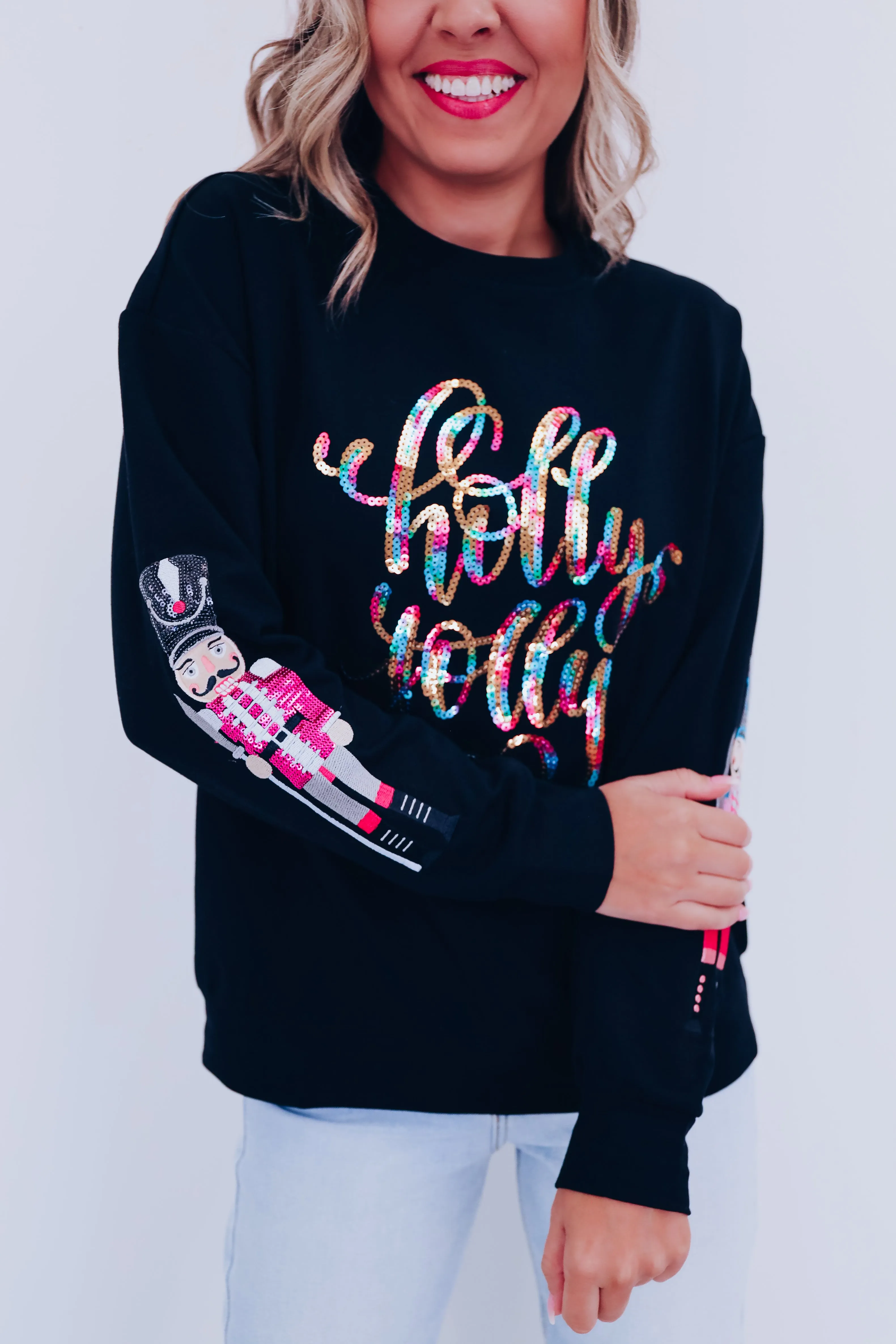 Holly Jolly Sequin Sweatshirt- Black