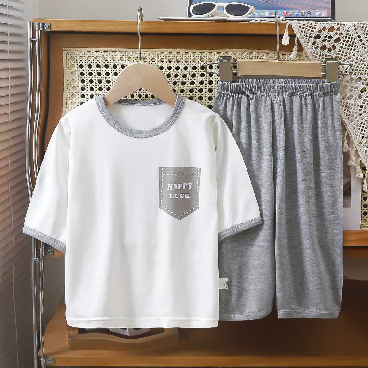 Home Wear 34 Sleeve Suit Boys And Girls Summer Thin Medium And Big Children Air Conditioning Clothes