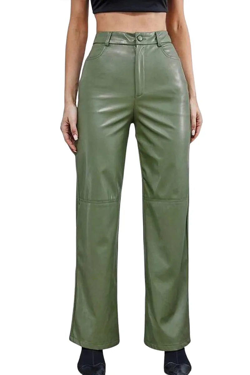 HPR1214 High-Waist Faux Leather Trousers Pants