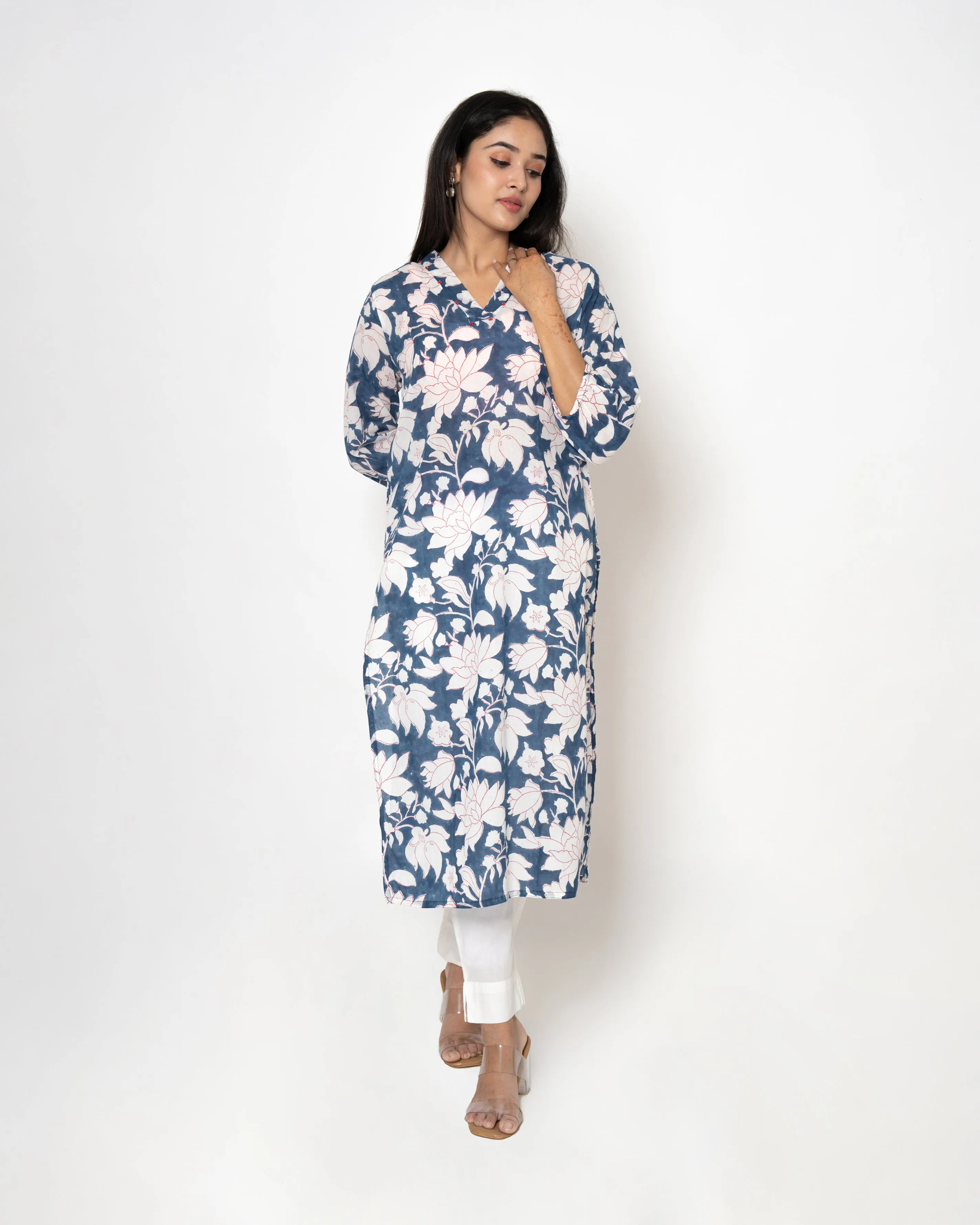Indigo Petals Handblock Print Cotton Kurta Set