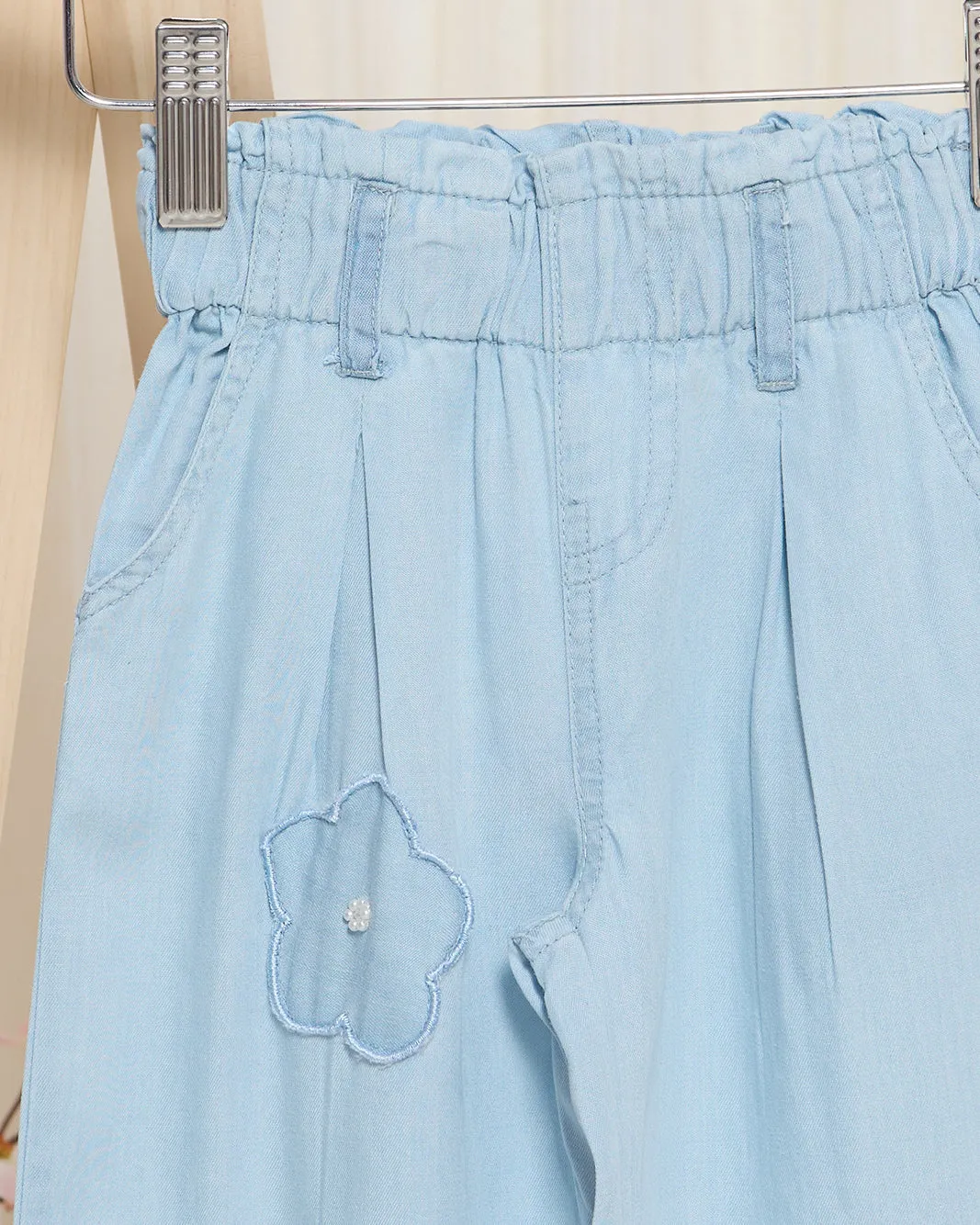 Infant Girls Blue Wide Leg Denim With 3D Flowers