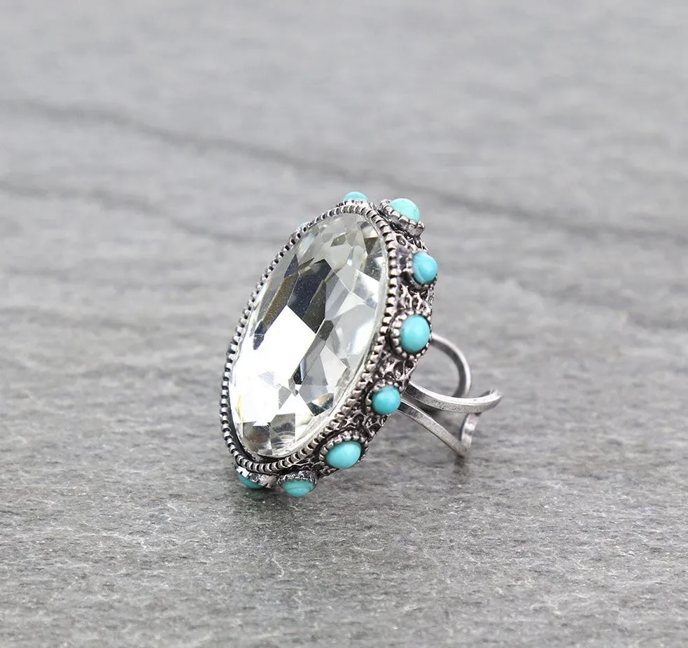 Lawton Fashion Rhinestone Ring With Stone Edge Accents - Turquoise