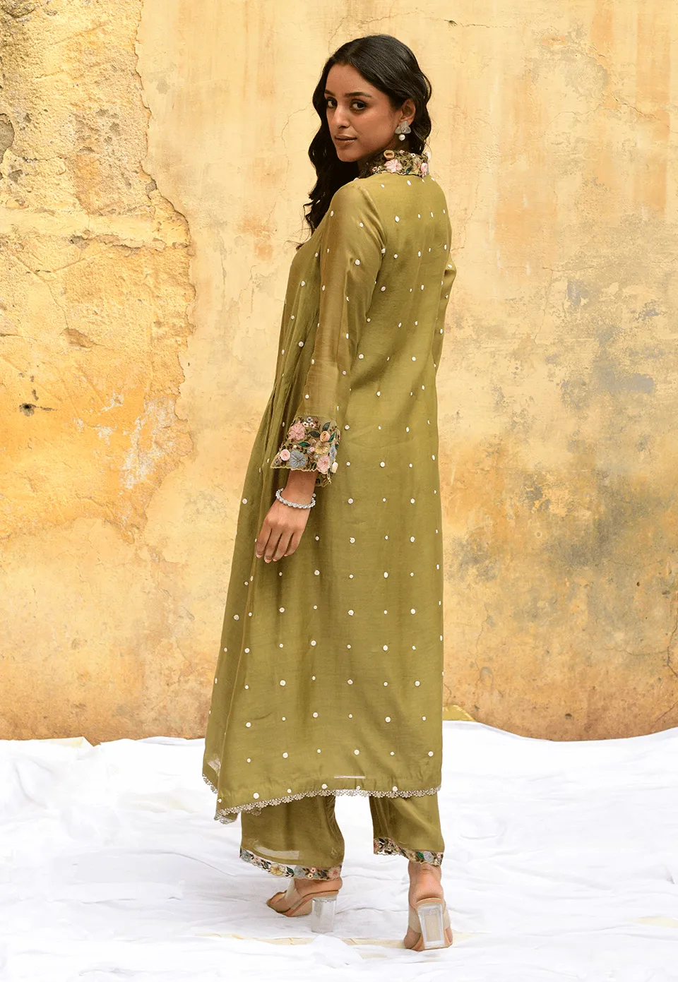 Olive green Orchid Collar Kurta And Pants