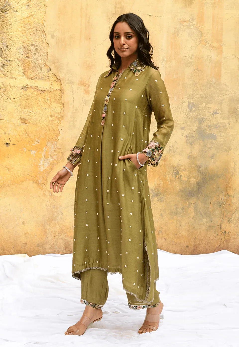 Olive green Orchid Collar Kurta And Pants