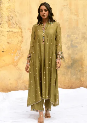 Olive green Orchid Collar Kurta And Pants