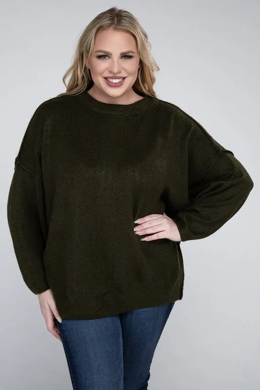 Oversized Round Neck Raw Seam Melange Sweater