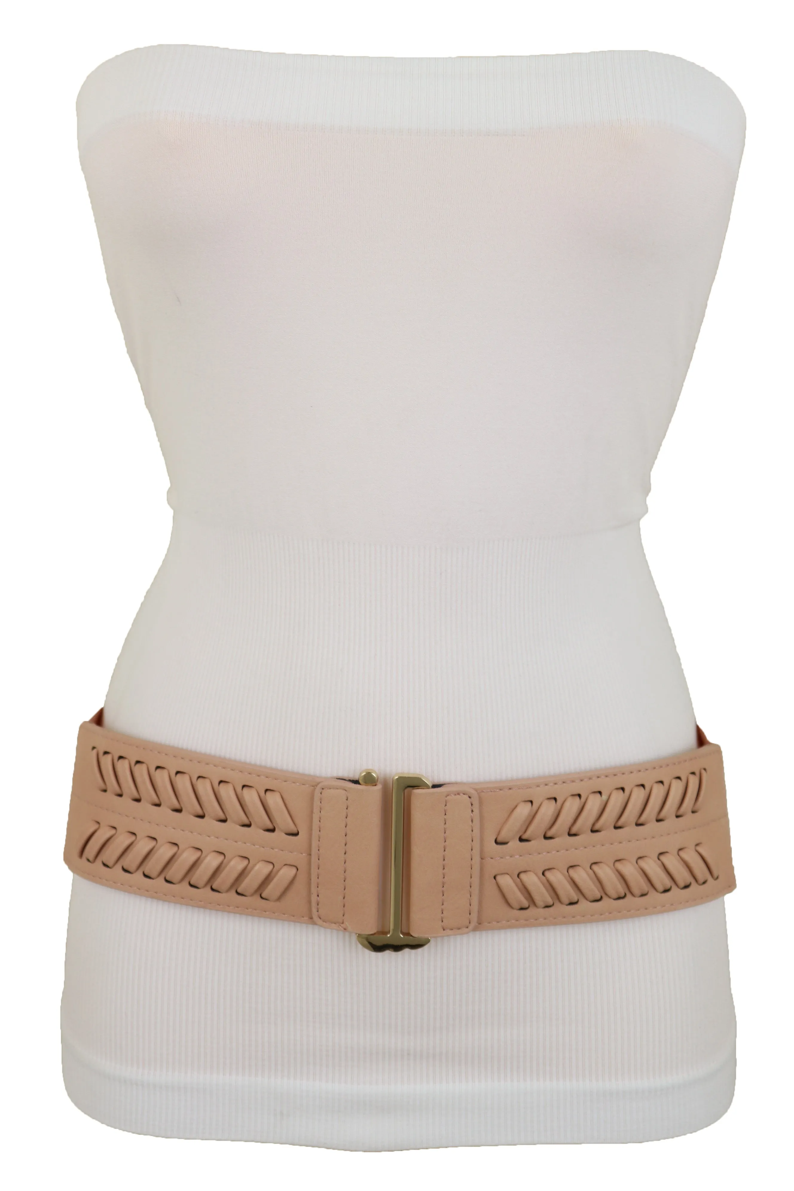 Pastel Pink Stripes Arrow Faux Leather Elastic Belt Gold Buckle Size S M