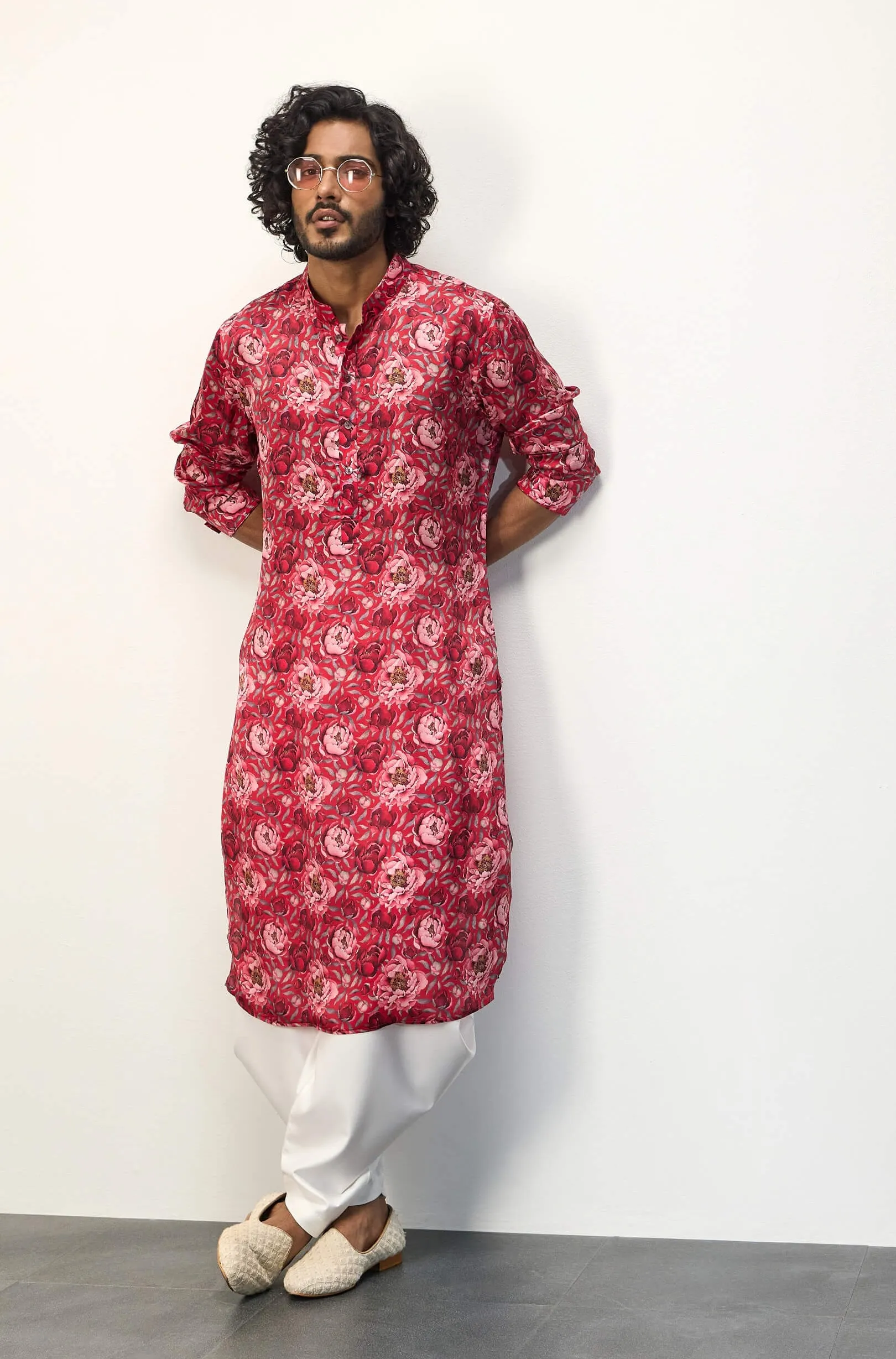 Red peonies kurta and pants