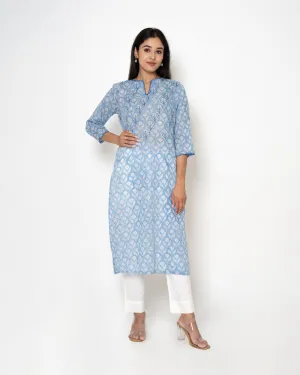Sky Paradise Handblock Print Mulmul Kurta Set
