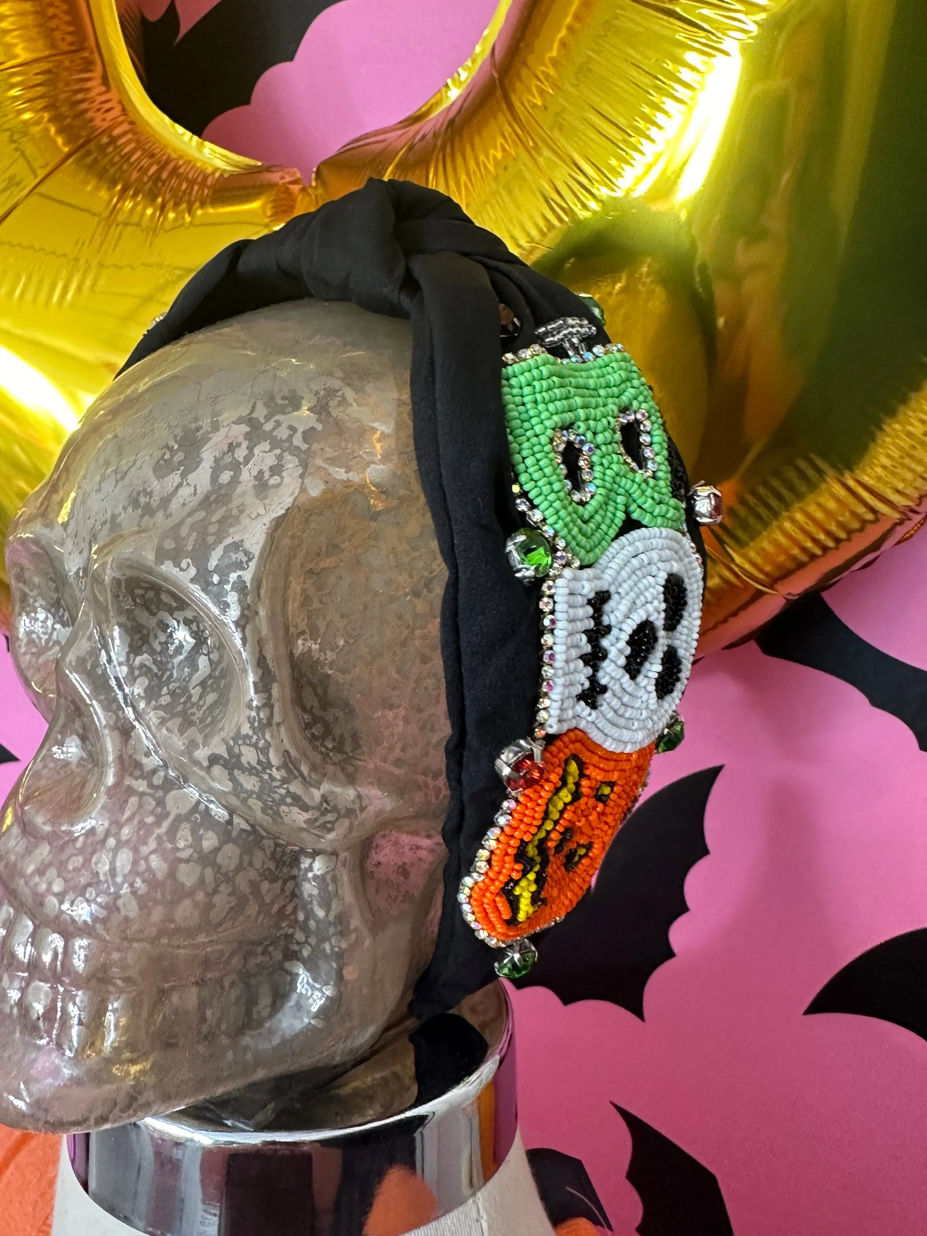 Spooky Boo Seed Bead Knotted Headband - Black