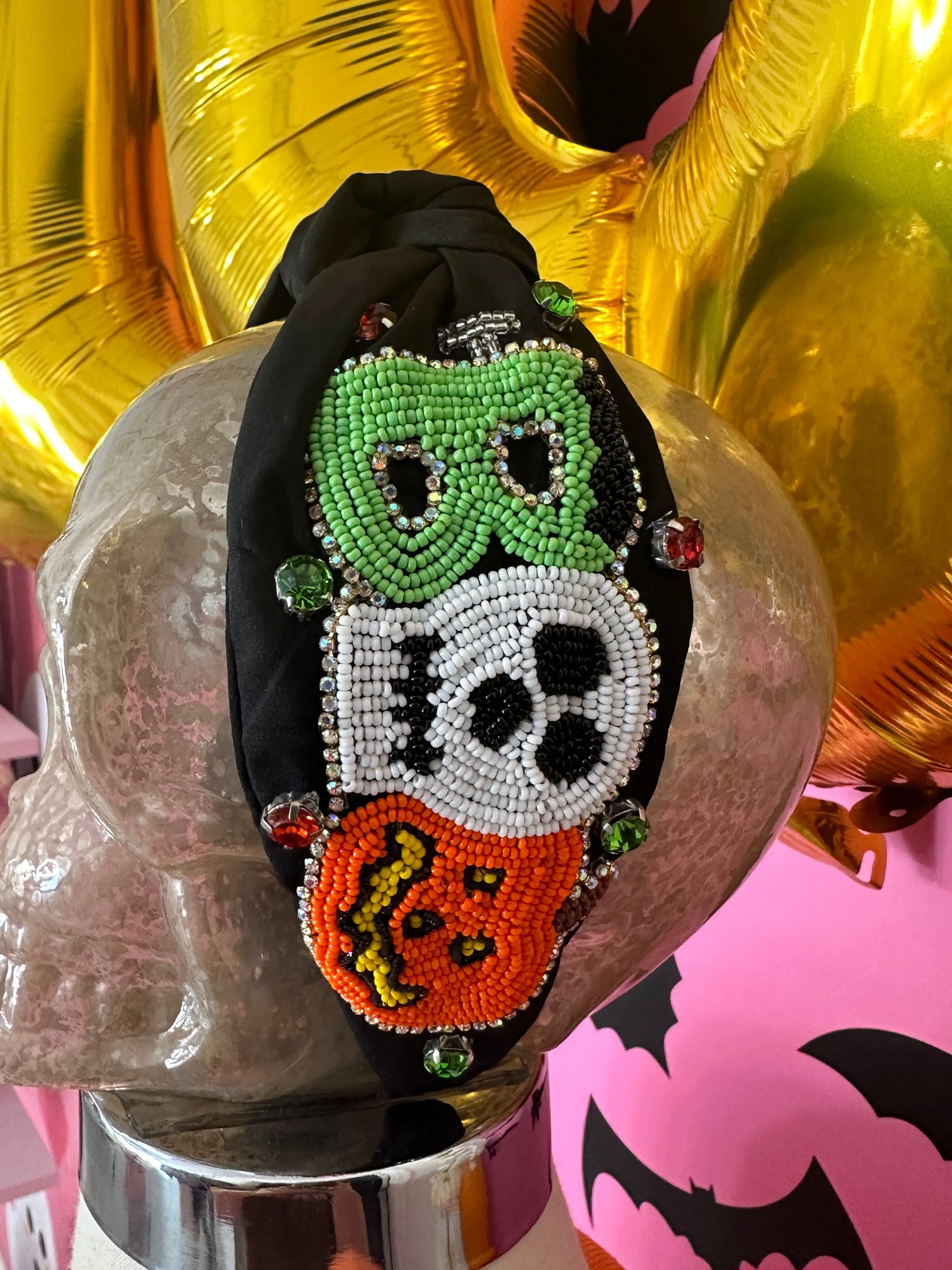 Spooky Boo Seed Bead Knotted Headband - Black
