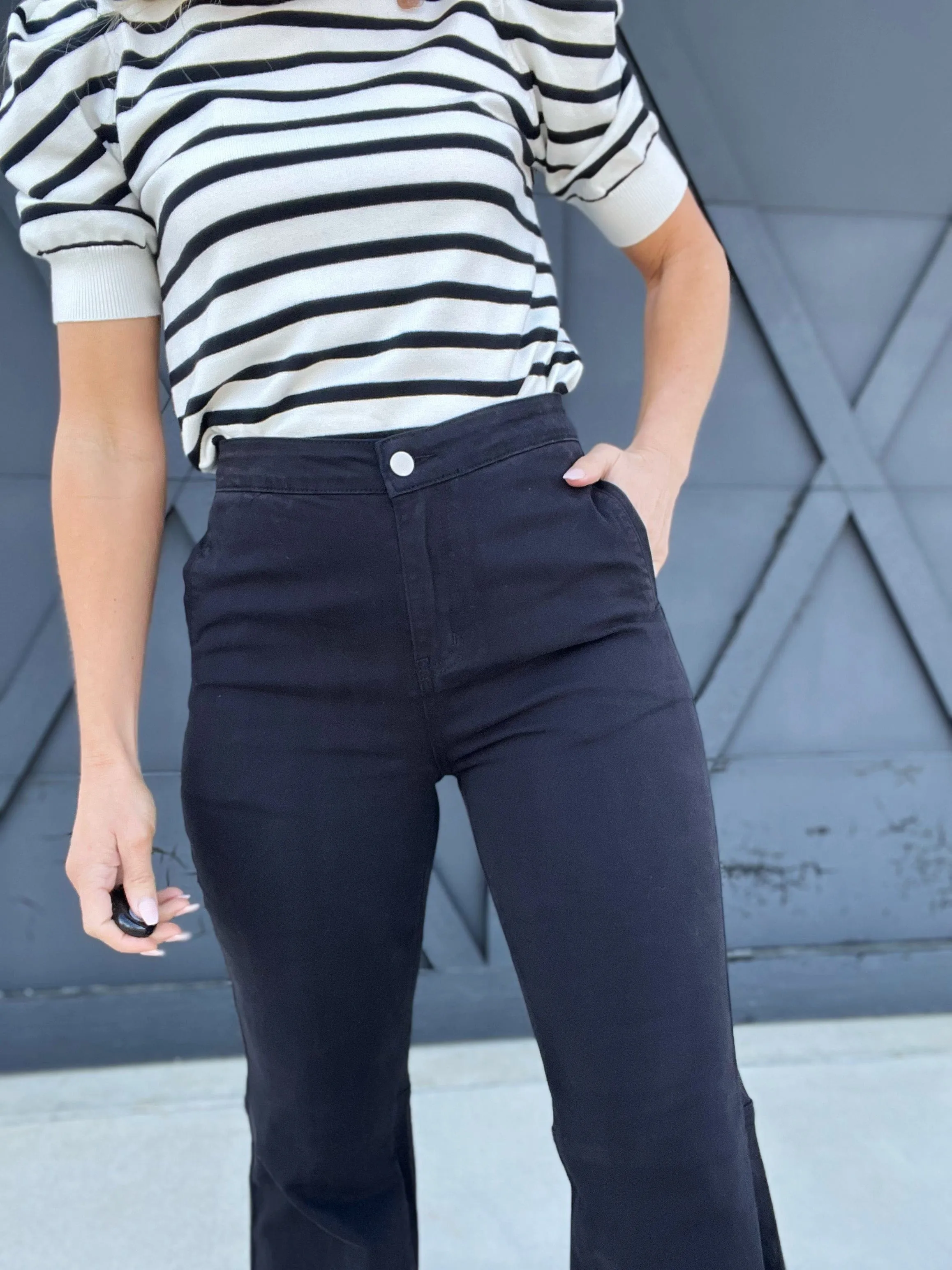 Stretch Flare Bottom Pants In Black