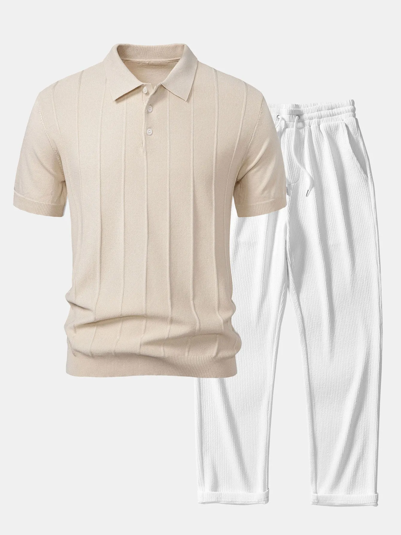 Stripe Jacquard Knit Polo Shirt & Straight Leg Ribbed Pants