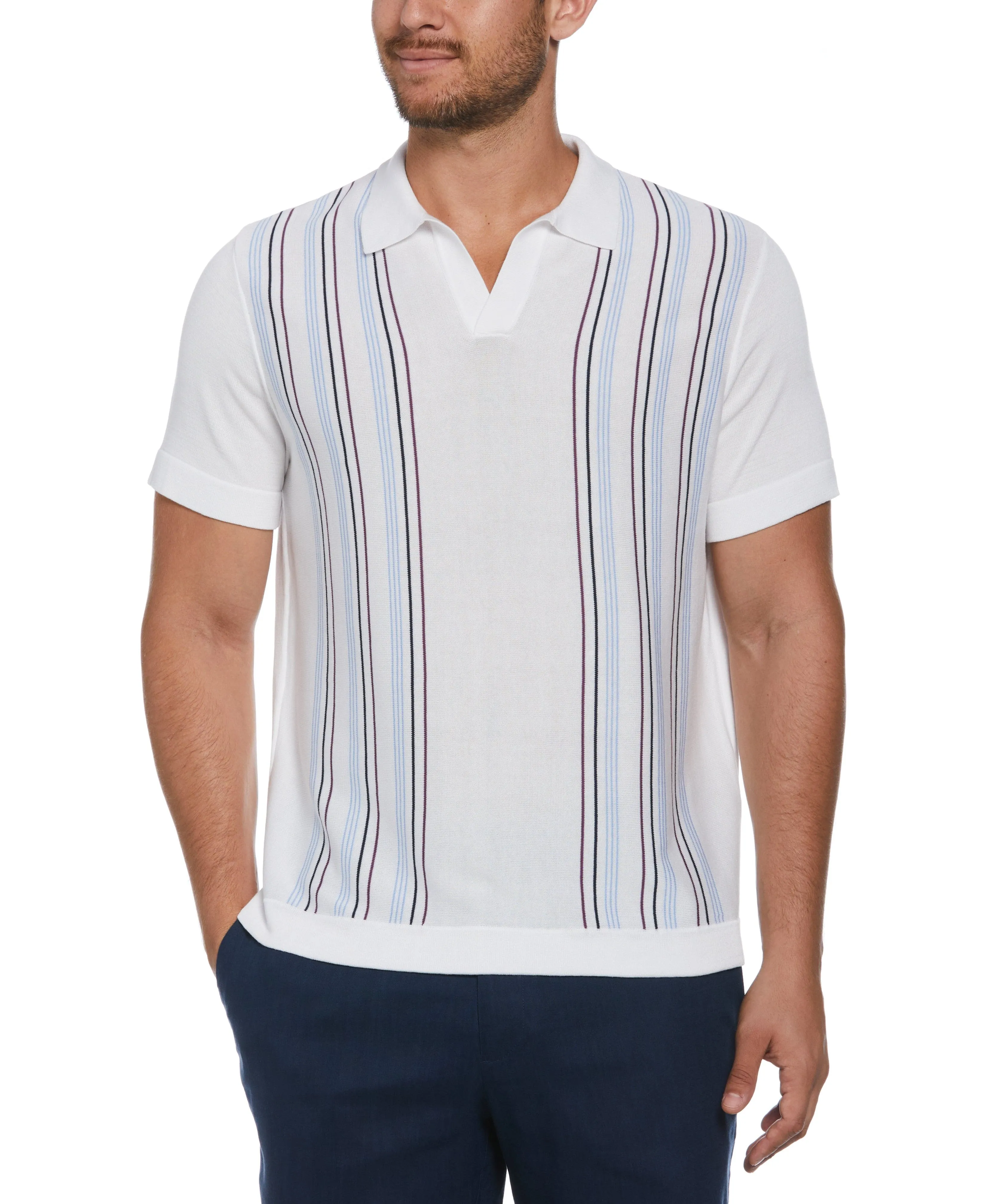 Striped Johnny Collar Polo Sweater