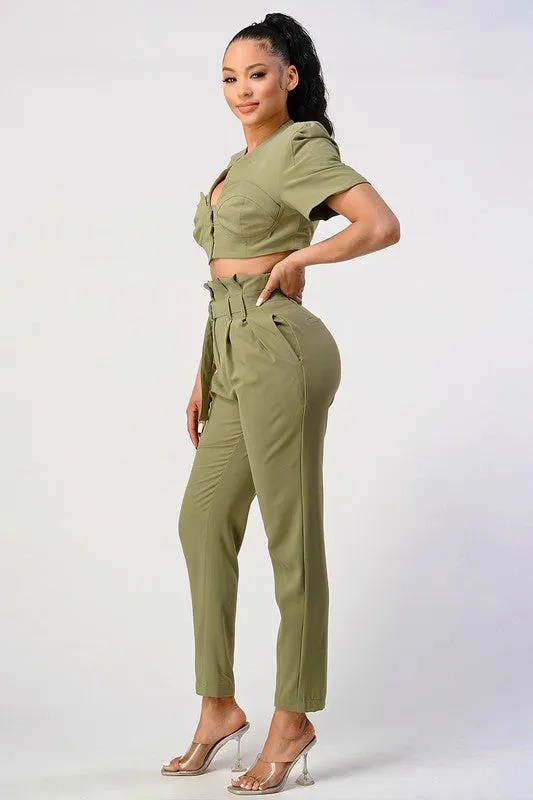 Styled in the City- Olive Crop Top Pant Set