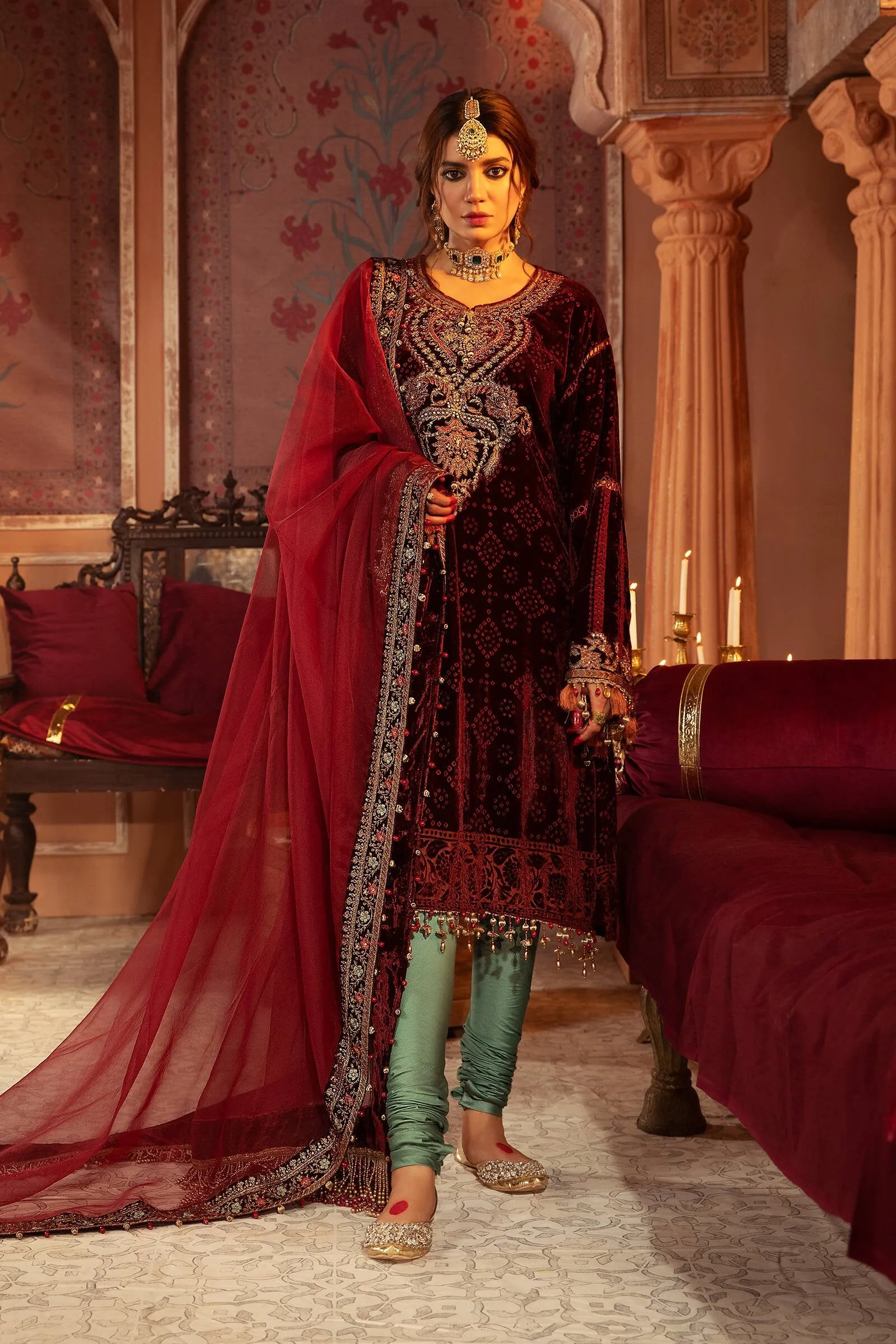Velvet Kameez Salwar Party Wear in Maroon Shade #PF319