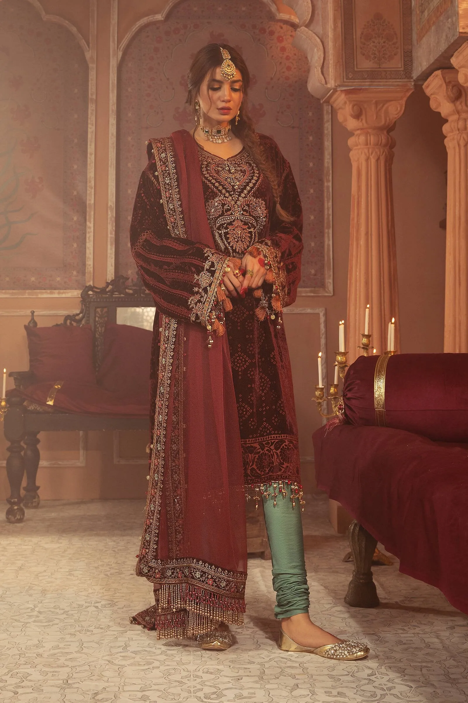 Velvet Kameez Salwar Party Wear in Maroon Shade #PF319