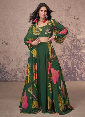 Vibrant Blooms Green Multicolor Floral Jacket Style Palazzo