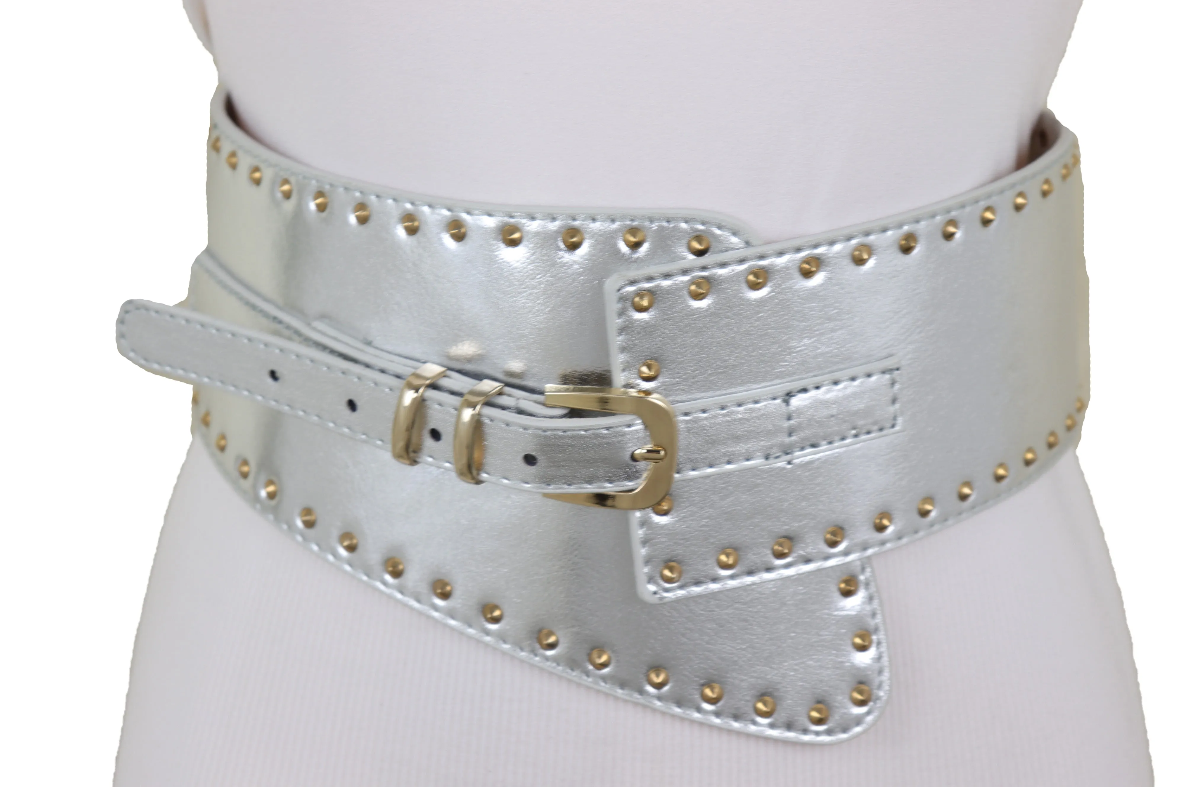 Wide Western Stretch Faux Leather Shiny Silver Fashion Belt Gold Stud XS S