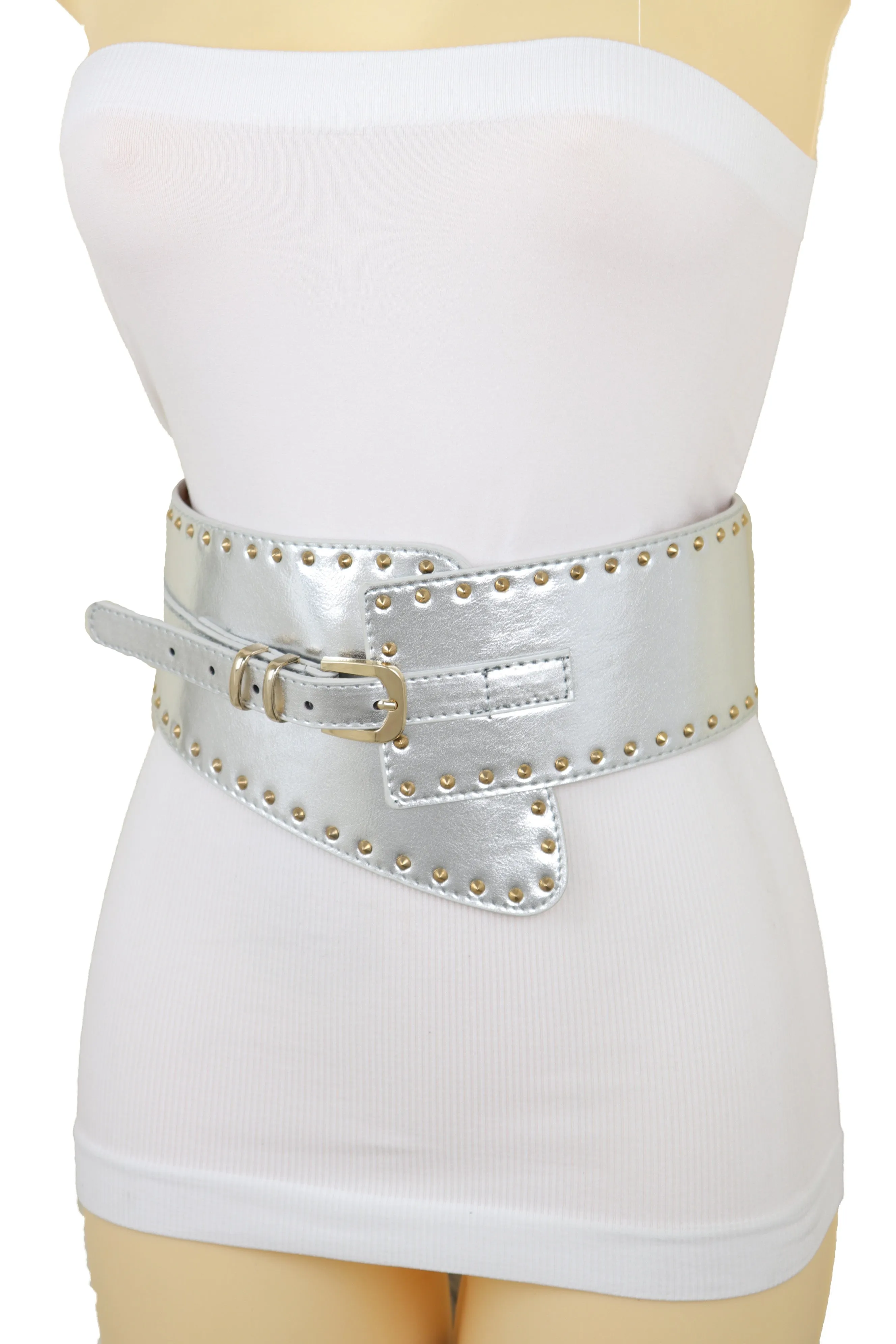Wide Western Stretch Faux Leather Shiny Silver Fashion Belt Gold Stud XS S