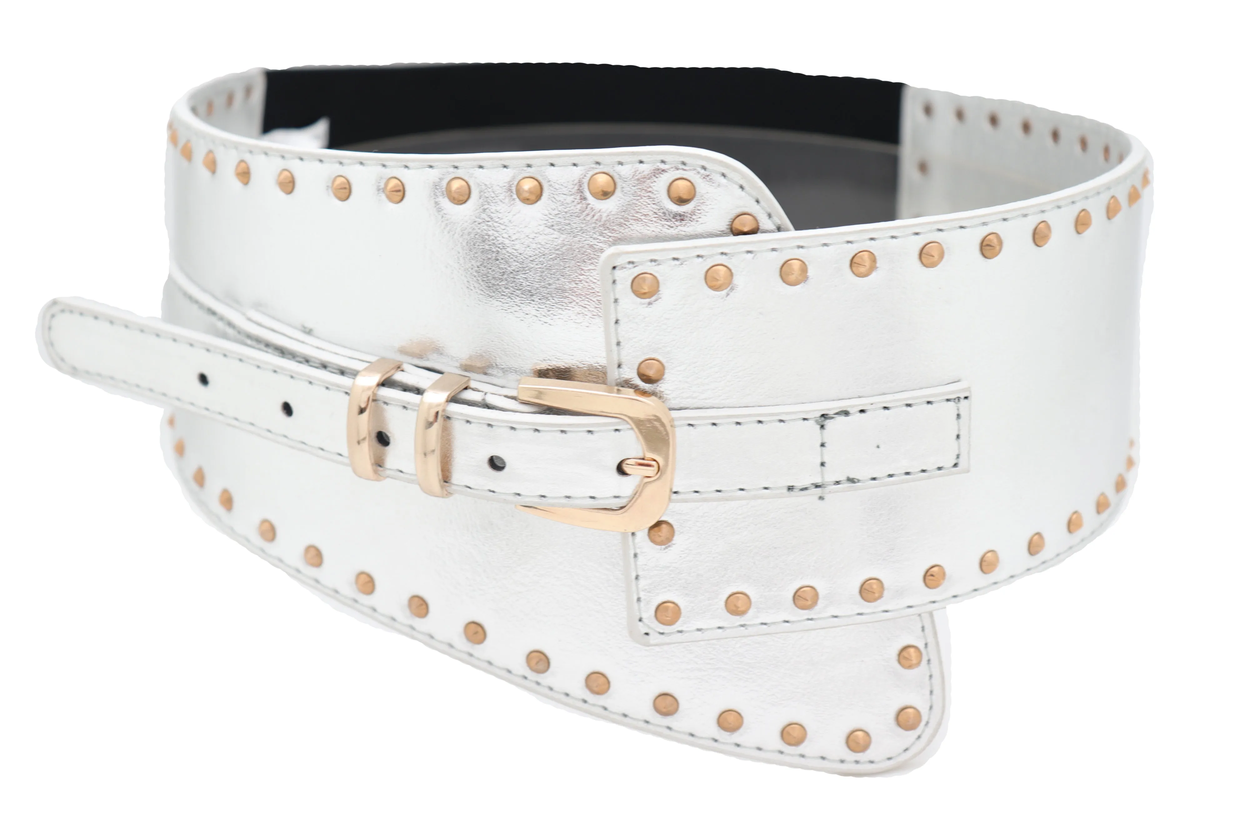 Wide Western Stretch Faux Leather Shiny Silver Fashion Belt Gold Stud XS S