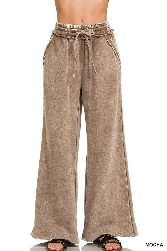 Zenana Acid Wash Fleece Palazzo Sweatpants with Pockets