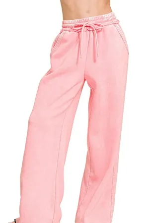 Zenana Acid Wash Fleece Palazzo Sweatpants with Pockets