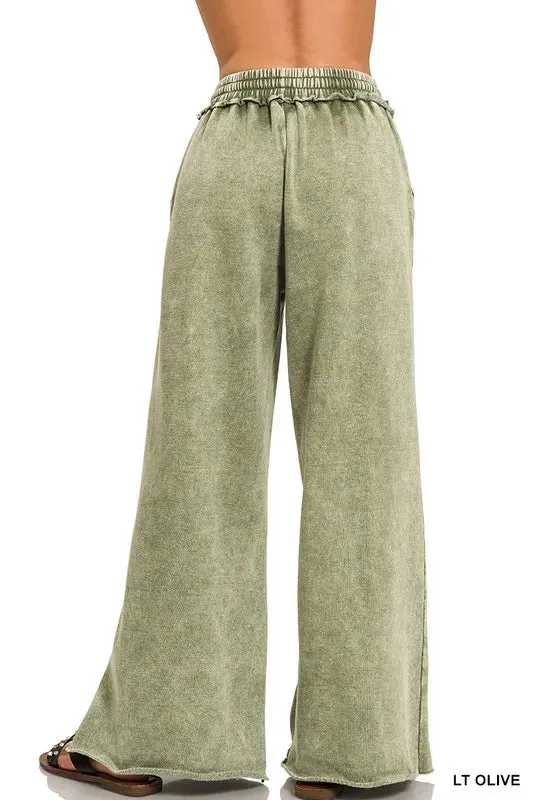 Zenana Full Size Acid Wash Fleece Palazzo Sweatpants with Pockets Plus Size