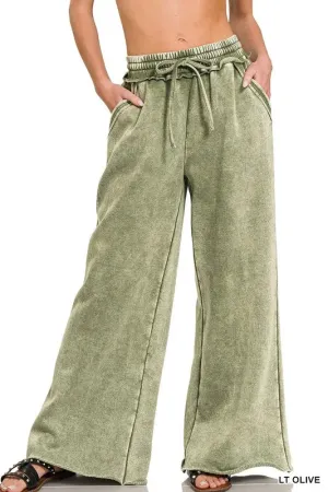 Zenana Full Size Acid Wash Fleece Palazzo Sweatpants with Pockets Plus Size